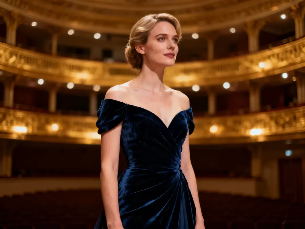 Elegancka kobieta w wieczorowej sukni na tle wnętrza filharmonii, prezentująca stylizację odpowiednią na koncert.