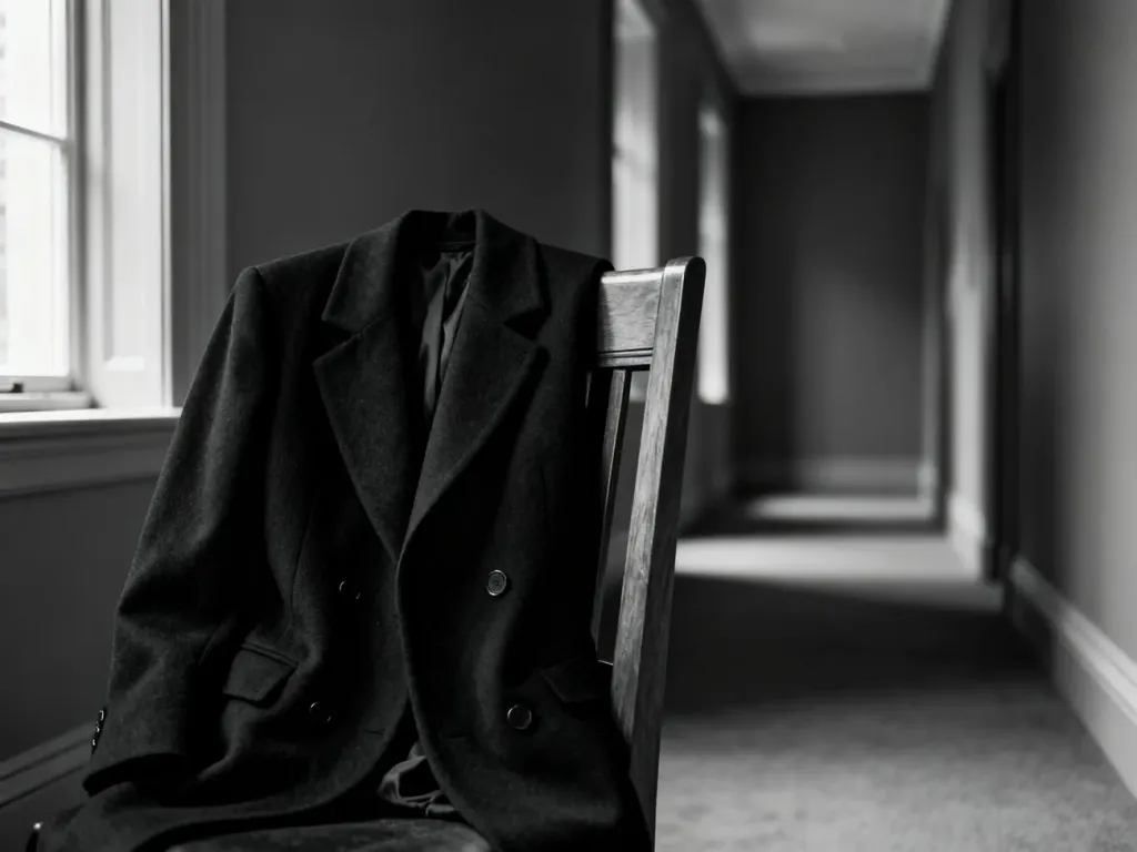Elegancki czarny płaszcz przewieszony przez drewniane krzesło w stonowanym, pełnym powagi wnętrzu.