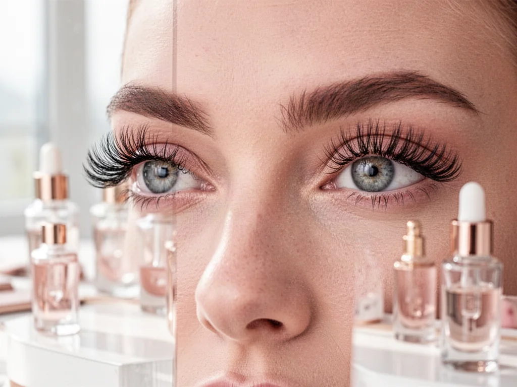 Zbliżenie na długie, gęste i zdrowe rzęsy kobiety w otoczeniu eleganckich kosmetyków, podkreślające efekt stosowania serum.