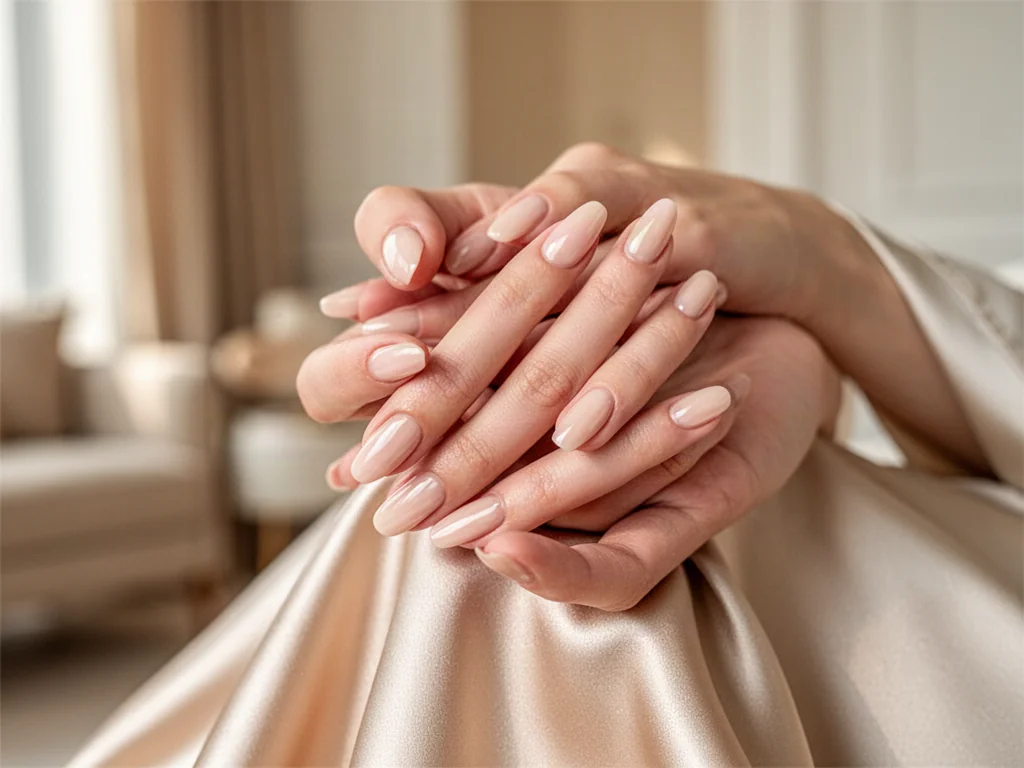 Eleganckie dłonie z perfekcyjnym manicure w odcieniu nude, trzymające delikatny jedwab w minimalistycznym wnętrzu.