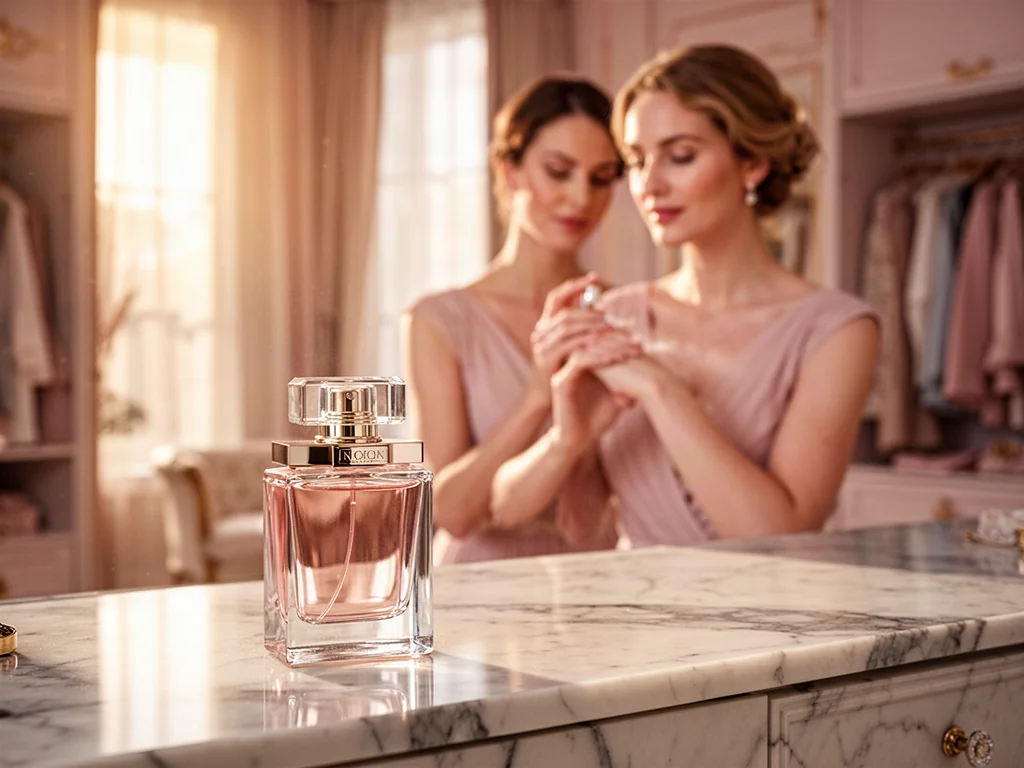 Elegancki flakon perfum na marmurowym blacie oraz kobieta aplikująca zapach na nadgarstek w luksusowej garderobie.