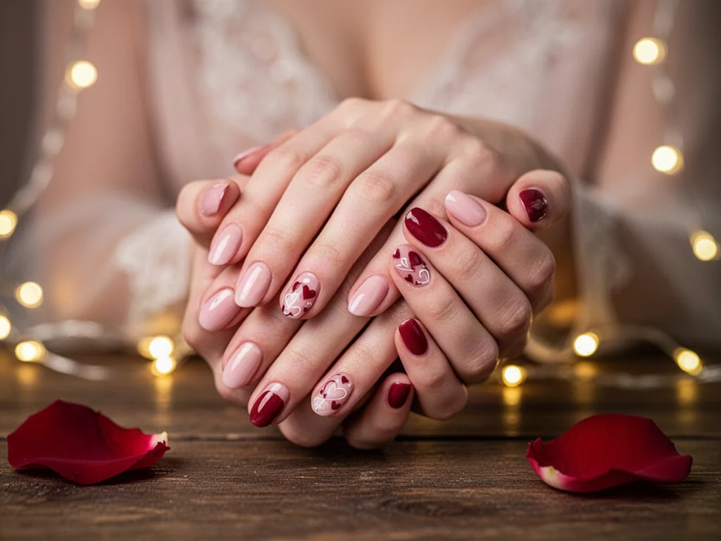 Zadbane dłonie z eleganckim manicure w odcieniach różu i czerwieni z motywem serc w romantycznej scenerii.