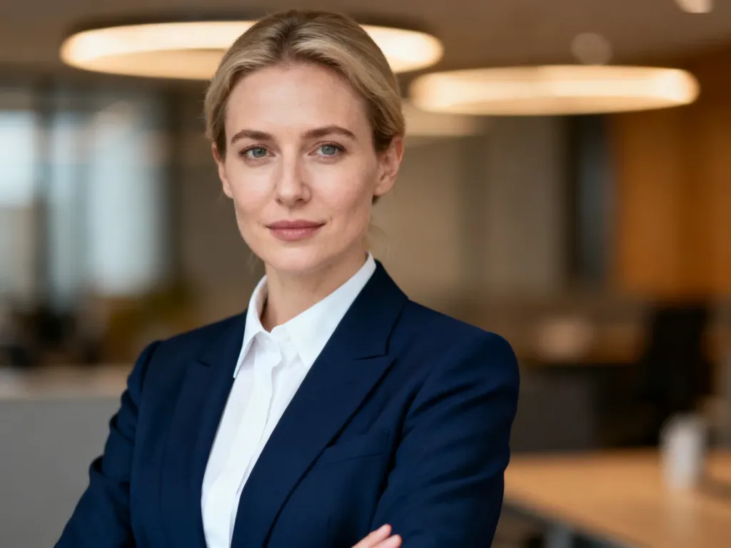 Kobieta w eleganckiej granatowej marynarce i białej koszuli, prezentująca profesjonalny wizerunek na rozmowę o pracę.