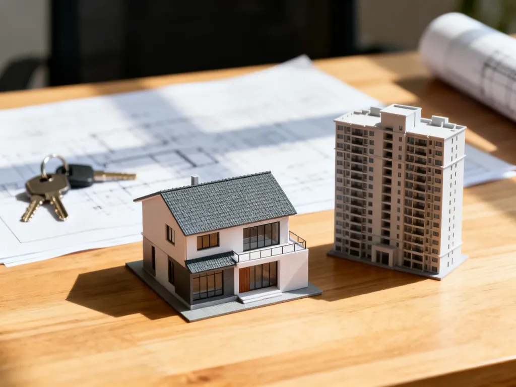 Miniaturowe modele domu i budynku mieszkalnego na biurku z planami architektonicznymi oraz kluczem do nieruchomości.