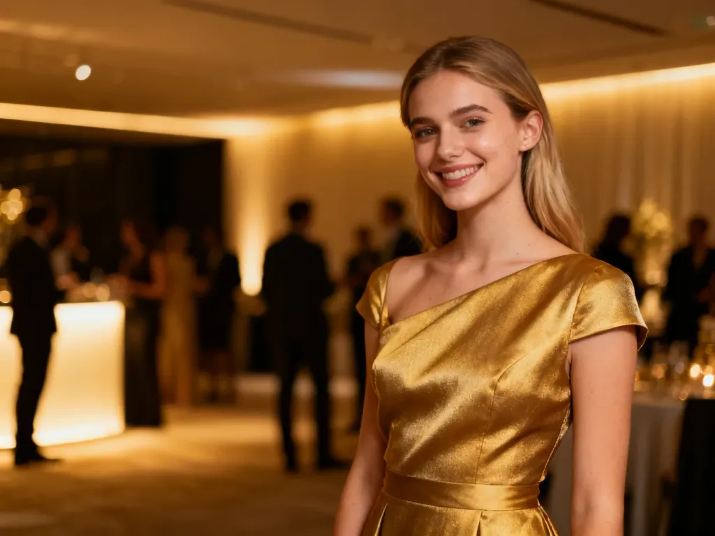 Elegancka kobieta w koktajlowej sukience na tle przyjęcia firmowego w nowoczesnym wnętrzu.