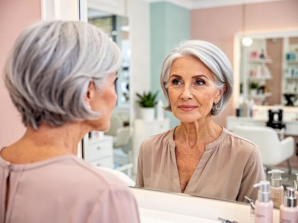 Elegancka seniorka z modną, krótką srebrną fryzurą przegląda się w lustrze w nowoczesnym salonie fryzjerskim.