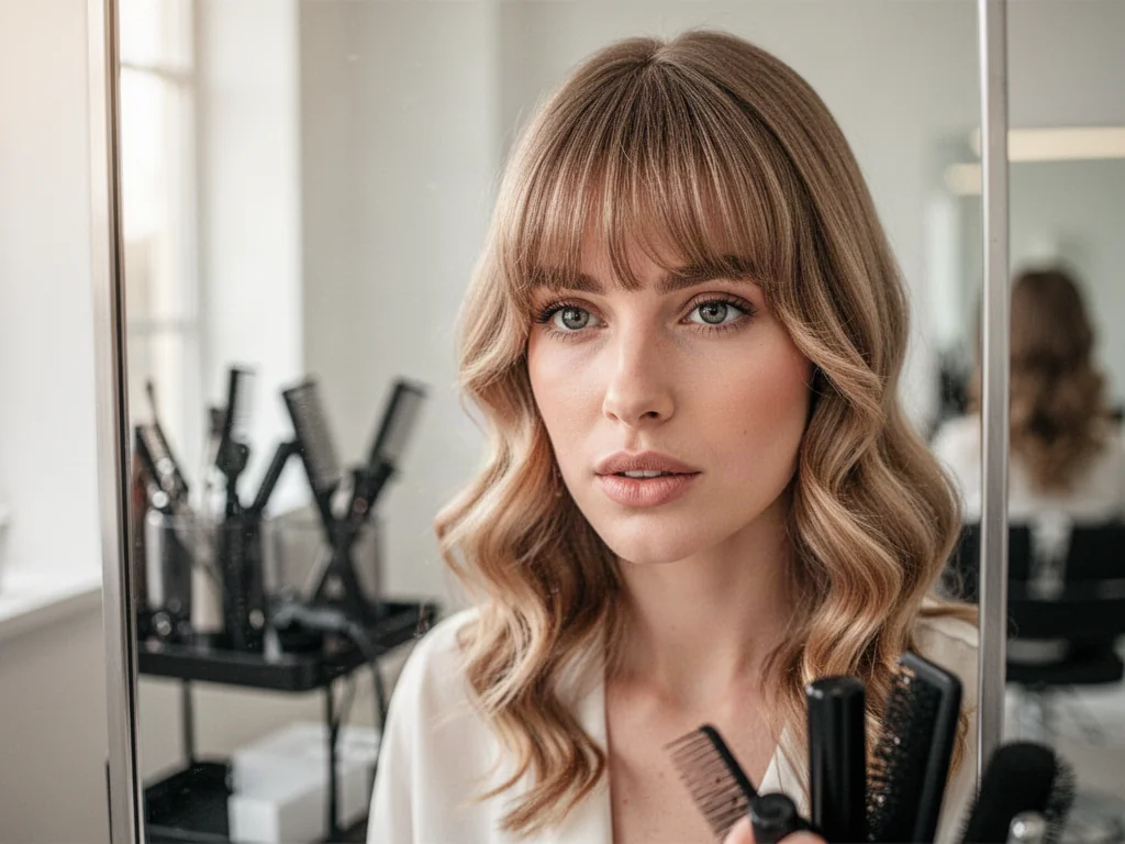 Kobieta z modną grzywką typu curtain bangs, stylizowaną w delikatne fale, przegląda się w lustrze w salonie fryzjerskim.