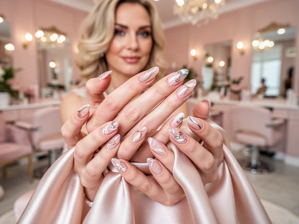 Zadbane dłonie z eleganckim manicure hybrydowym trzymające delikatny materiał w przytulnym wnętrzu salonu kosmetycznego.