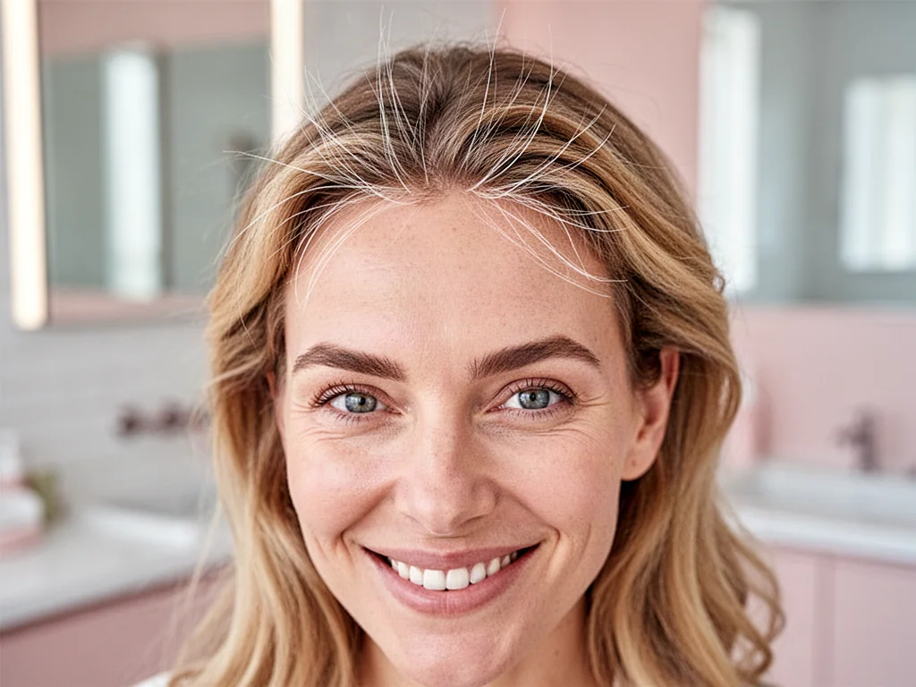 Uśmiechnięta kobieta z wyraźnie widocznymi baby hair przy czole, podkreślającymi naturalną strukturę włosów.