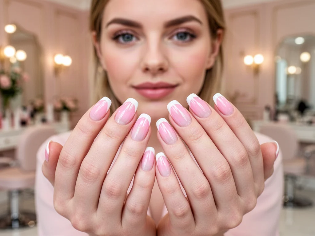 Zadbane dłonie z eleganckim manicurem typu ombre french z płynnym przejściem od różu do bieli.