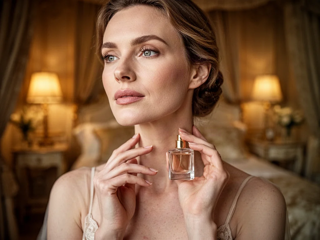 Elegancka kobieta aplikująca perfumy na szyję w nastrojowym, luksusowym wnętrzu.