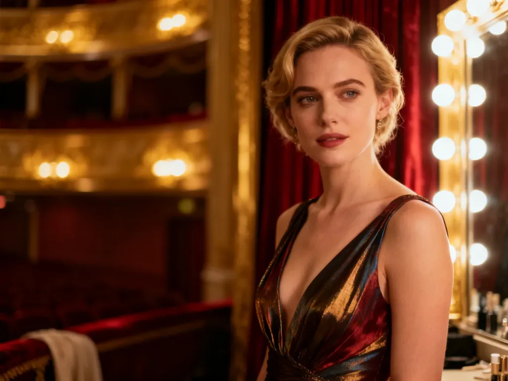 Elegancka kobieta w wieczorowej sukni przygotowująca się do wyjścia w luksusowej garderobie z teatralnym tłem.