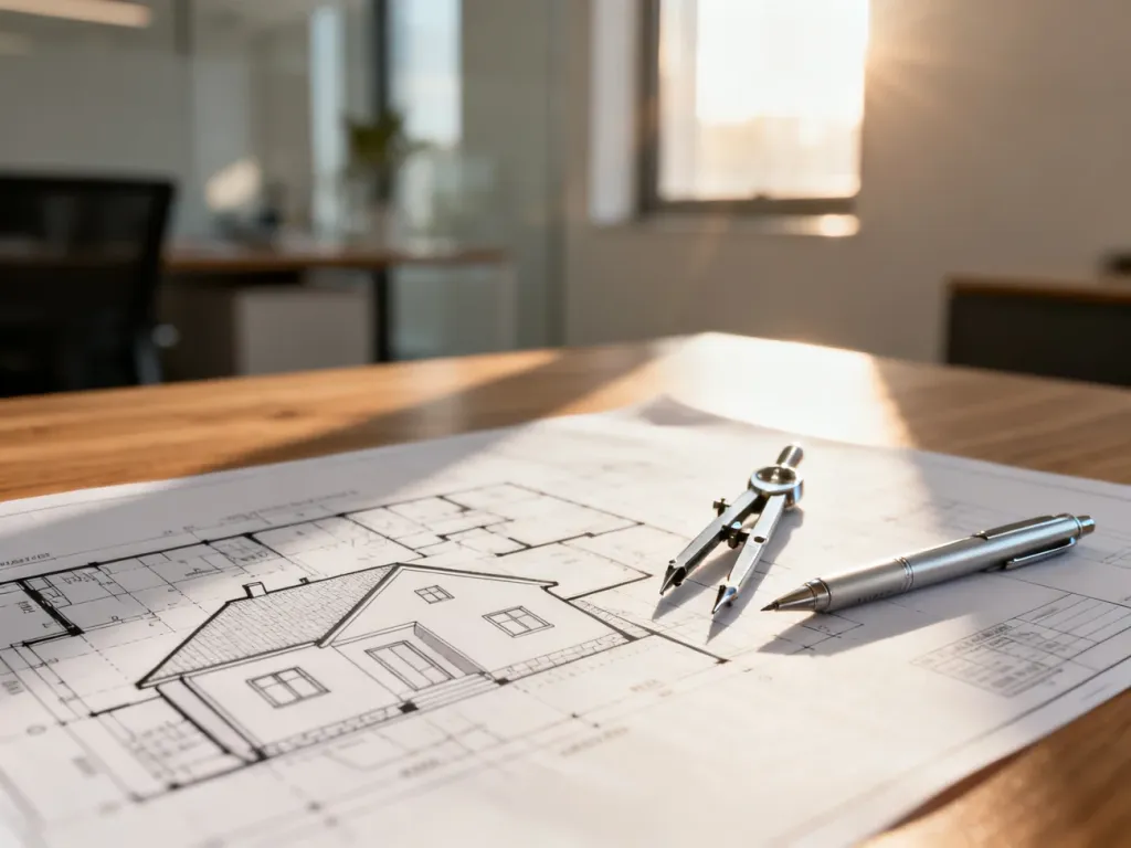 Profesjonalny plan architektoniczny z przyborami kreślarskimi na biurku, symbolizujący proces planowania inwestycji.
