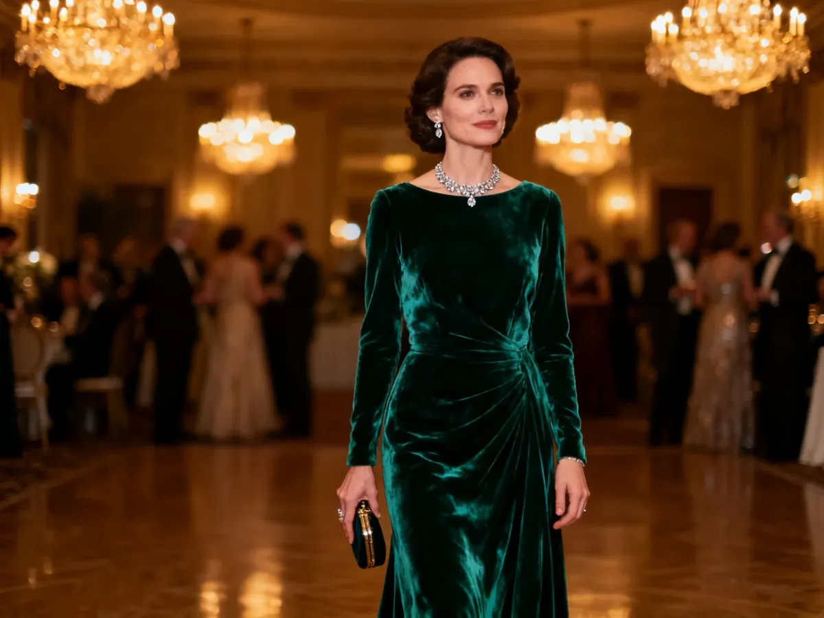 Kobieta w długiej welurowej sukni na eleganckim balu