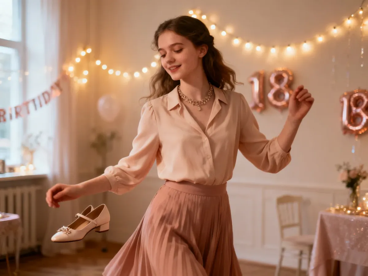 Młoda kobieta w eleganckiej stylizacji smart-casual na osiemnaste urodziny