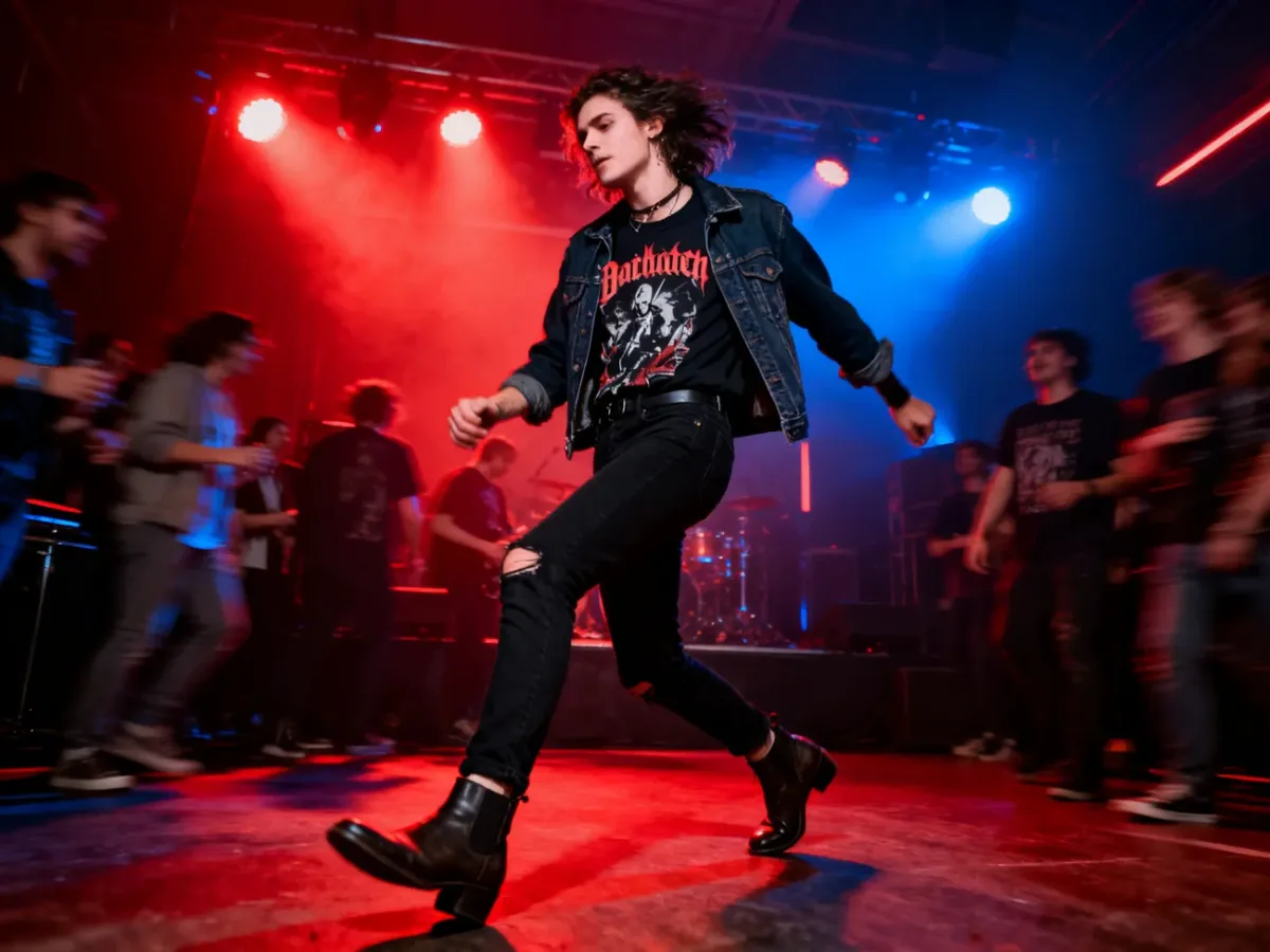 Rockowa stylizacja z jeansową kurtką i wygodnymi botkami na koncercie