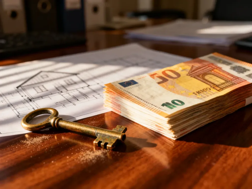 Stos euro na biurku obok planu domu i klucza, symbolizujący inwestycję w nieruchomość za gotówkę.