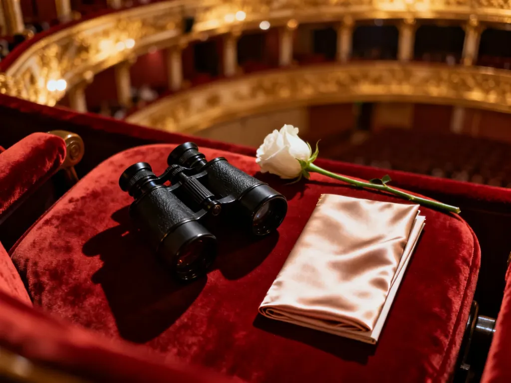 Eleganckie akcesoria operowe, w tym lornetka i biała róża, spoczywające na czerwonym fotelu w luksusowym wnętrzu opery.