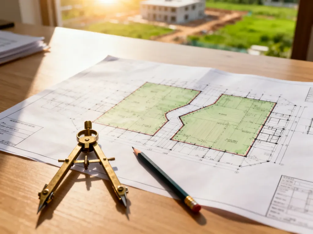 Profesjonalna mapa geodezyjna z planem scalenia dwóch działek na drewnianym biurku z przyborami kreślarskimi.