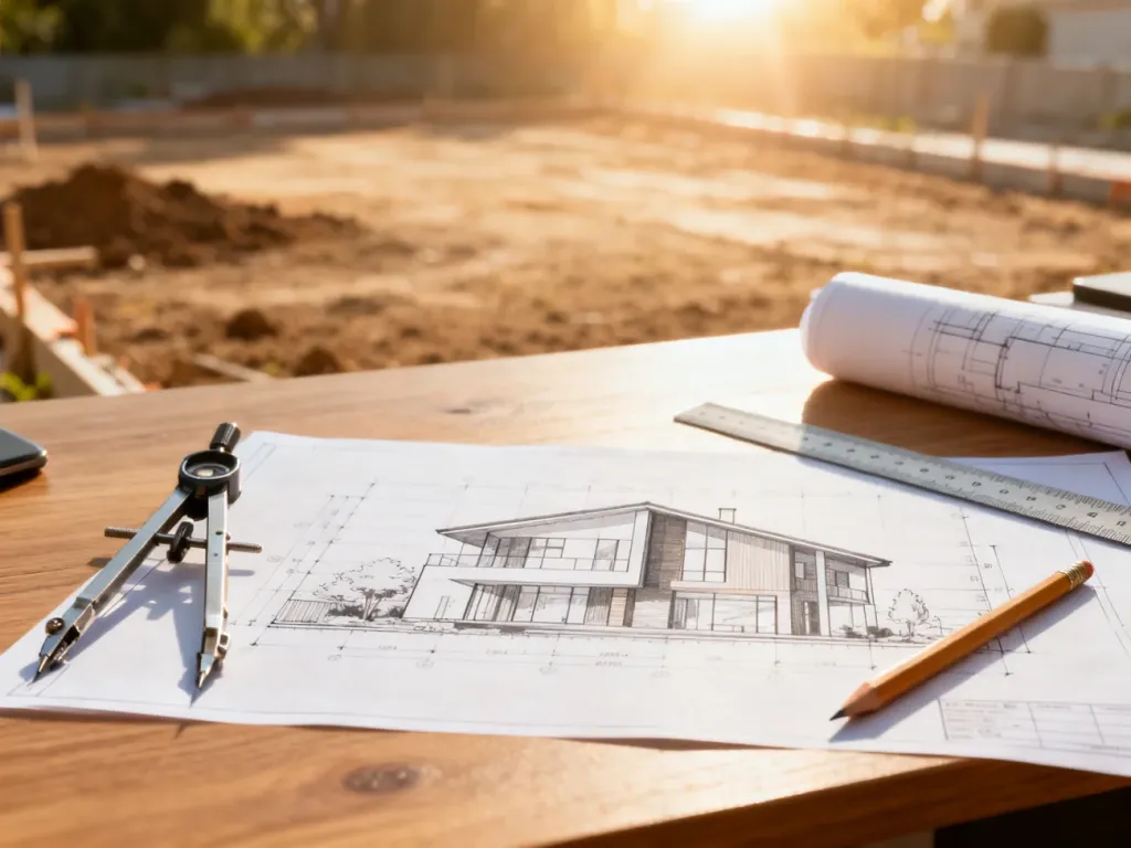 Projekt architektoniczny domu na drewnianym biurku z przyborami kreślarskimi i widokiem na działkę budowlaną w tle.