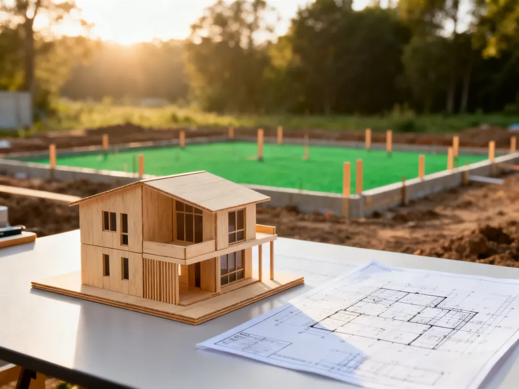 Model architektoniczny domu na tle planów budowlanych i słonecznej działki, symbolizujący planowanie inwestycji.