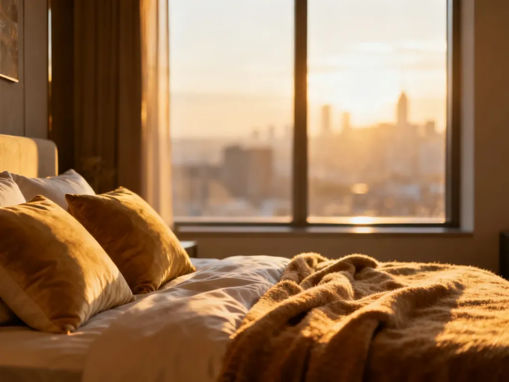 Nowoczesne, przytulnie urządzone wnętrze apartamentu na wynajem krótkoterminowy z wygodnym łóżkiem i widokiem na miasto.
