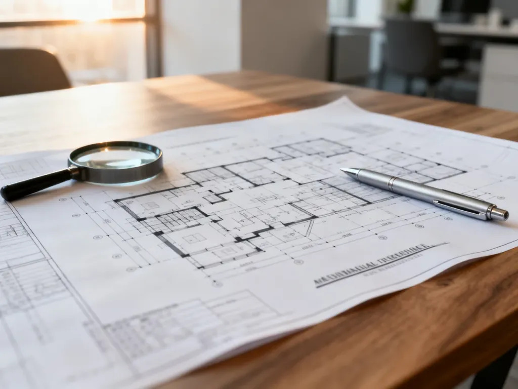 Projekt architektoniczny na drewnianym stole z przyborami kreślarskimi, symbolizujący przygotowania do budowy.