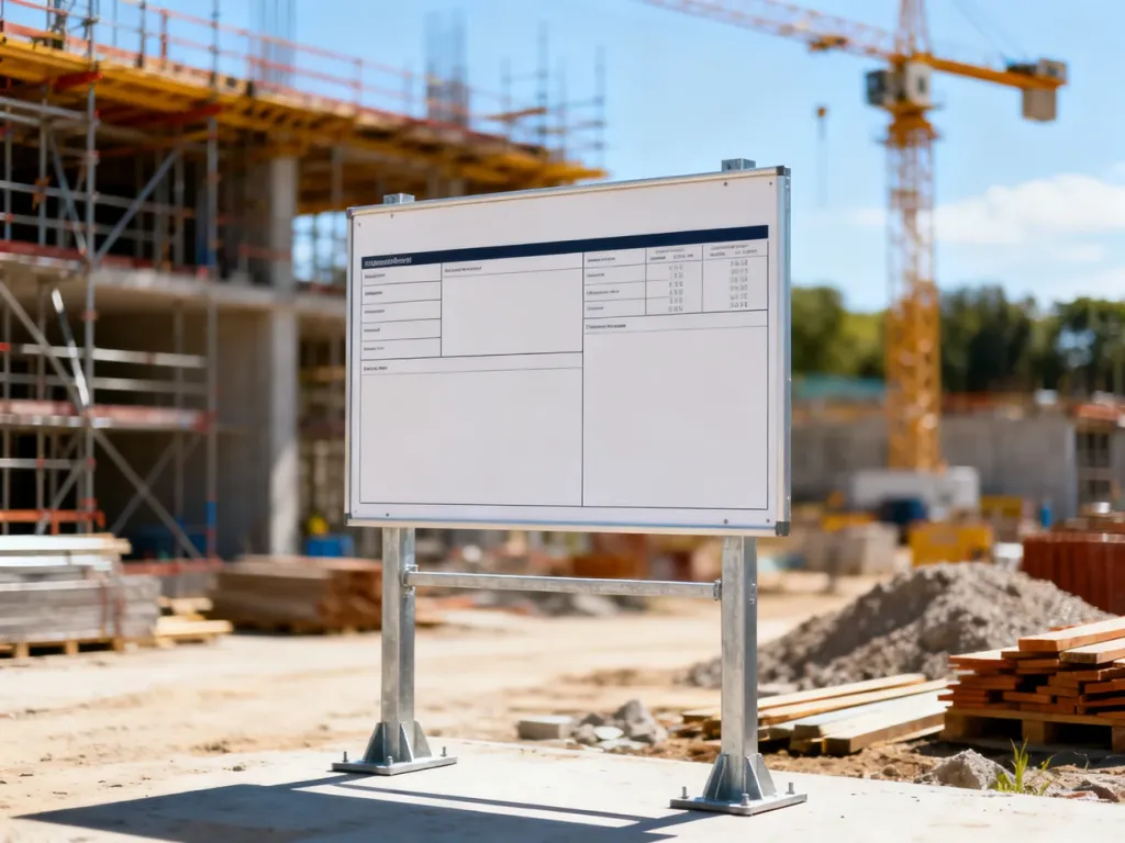 Pusta tablica informacyjna na placu budowy z miejscem na wymagane dane techniczne.