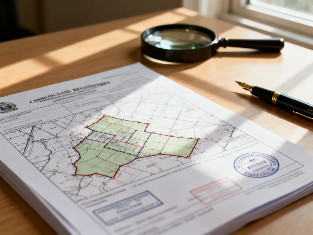 Oficjalny dokument z rejestru gruntów z mapą katastralną, lupą i piórem na drewnianym biurku.